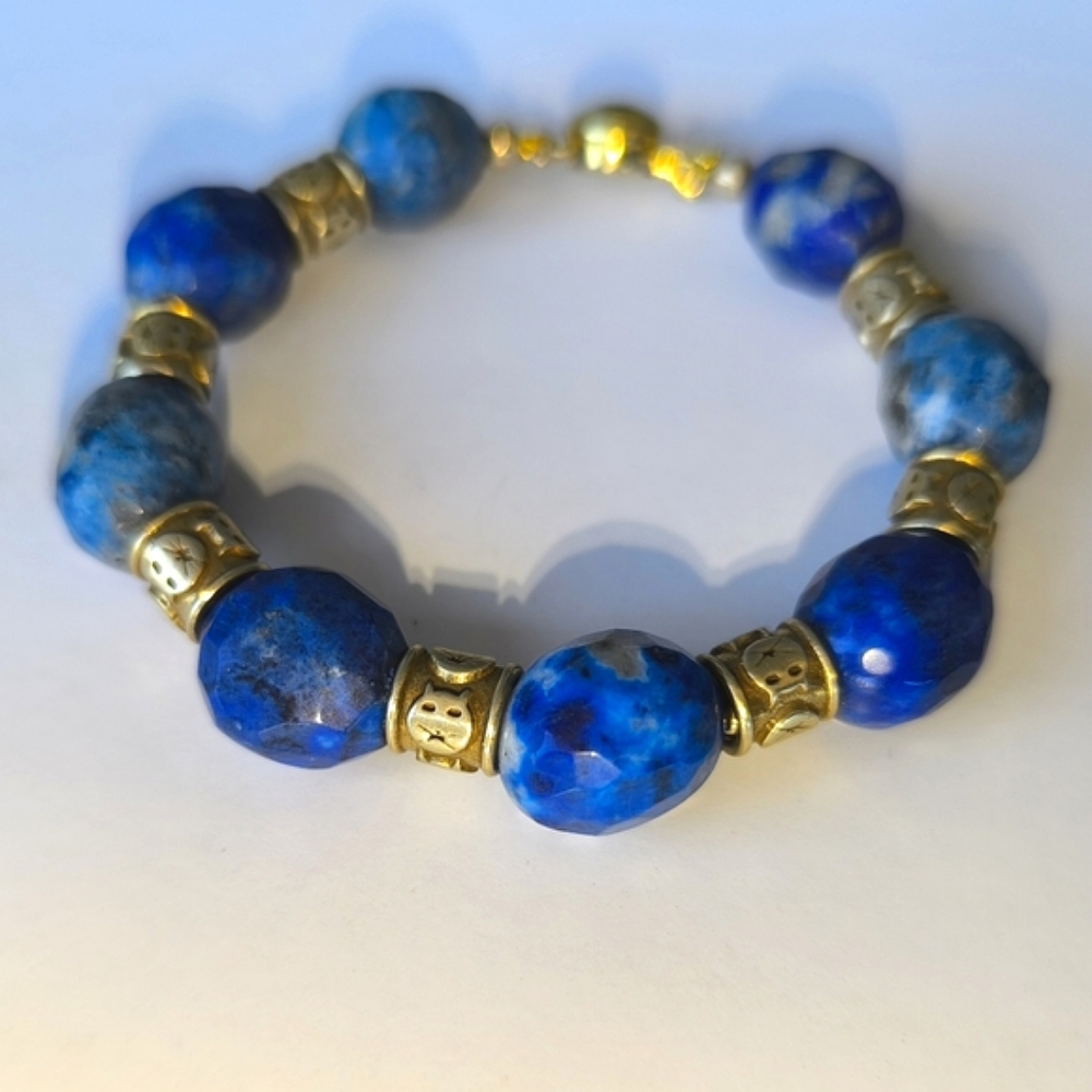 "I LOVE Cats" Lapis Lazuli Gemstones Gold Plated Sterling Silver Bracelet